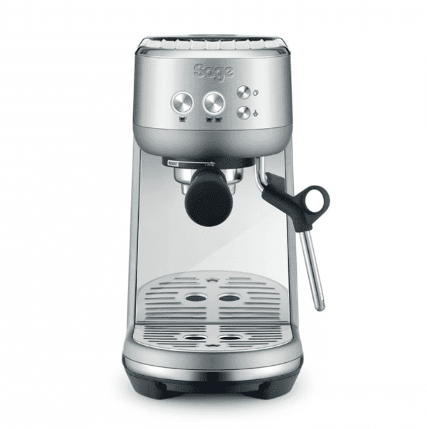 An image of a stainless steel Sage Bambino espresso machine