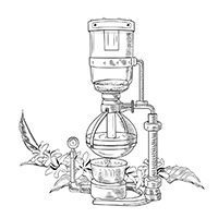 An image of a drawing of coffee brewing equipment & brew kits