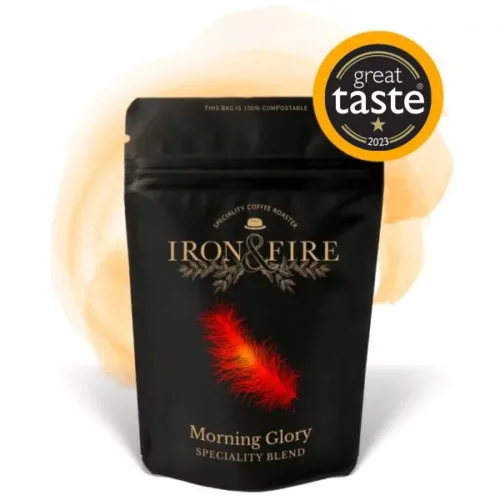 Black coffee bag of Morning Glory blend with an orange ink swish and a great taste logo