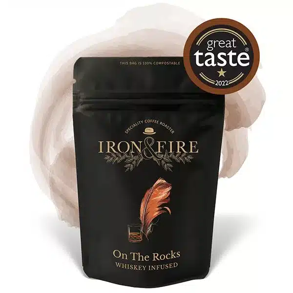 An image of a bag of On the rocks whiskey influenced coffee