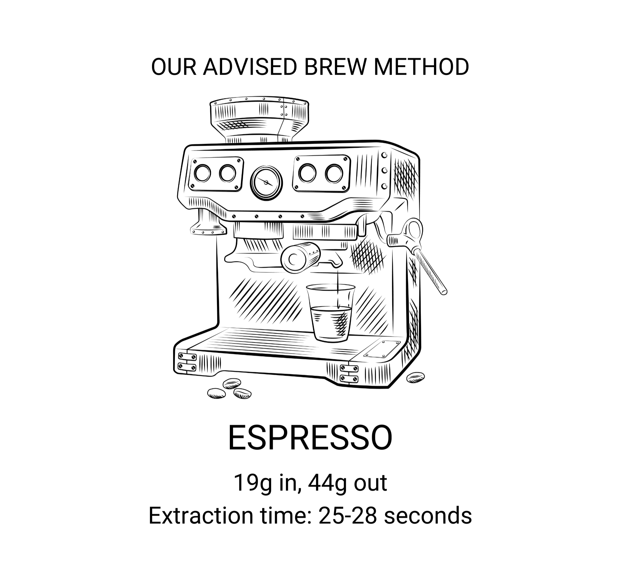 Our advised brew method: Espresso. 19g in, 44g out. Extraction time of 25-28 seconds.
