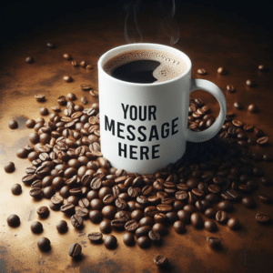A plain white mug with the words "Your Message Here" surrounded by coffee beans