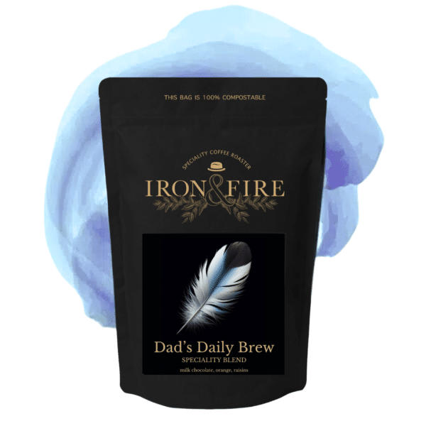Iron & Fire's Dad's Daily Brew speciality blend; in a black bag with a white and blue feather on the front.