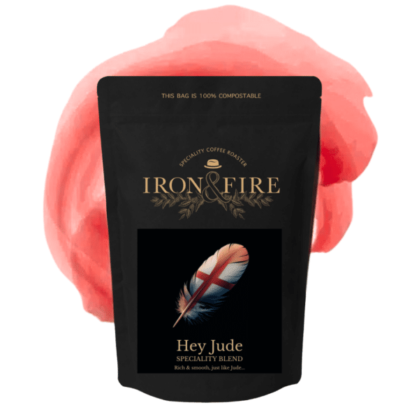 Iron & Fire's Hey Jude speciality coffee; in a black bag with a red and white feather on the front