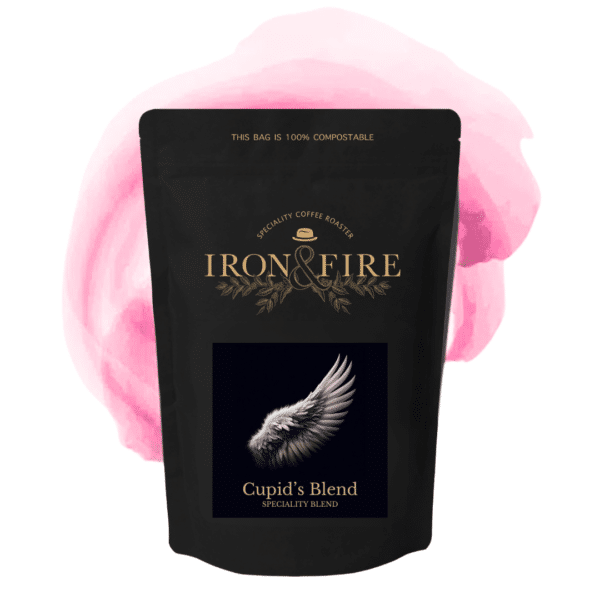 a bag of Cupid's Blend speciality coffee with a pink swirl behind.